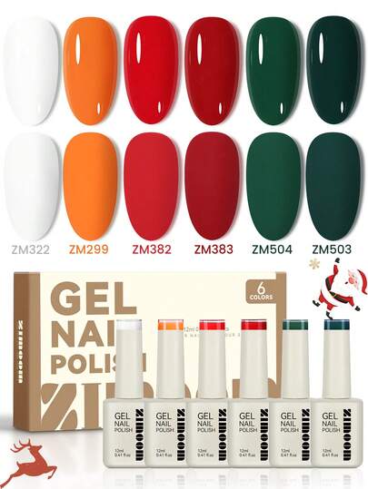 ZIMOOM 凝胶指甲油套装，绿色、红色、白色经典色，高显色度，顺滑易卸，UV/LED固化，适用于美甲沙龙和居家DIY美甲，节日礼物，12毫升*6支/套