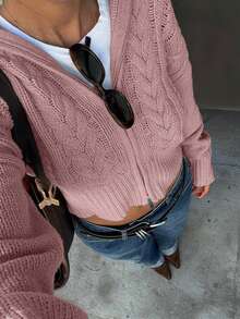 Senya Autumn And Winter New Vintage Big Lapel Double Head Zip Twisted Knit Cardigan, Loose Drop Shoulder Casual Jumper, Short Daily Commuting Fall - Dusty Pink - View 4