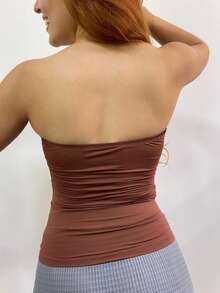 Women's Basic Tube Top, Strapless, Long, Double Polyamide Tube Top, Without Pads - Rust Brown - View 3