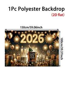 1pc New Year Theme Backdrop Banner, Black Gold Colorful Firework Balloon Shape Polyester Hanging Flag, Suitable For 2026 New Year Party Celebration Background Decor, Home Room Decoration, Happy New Year Party Wall Backdrop, New Year Gift, Garden Yard Decor Flag, Hanging Decor, Party Photo Prop, 2026 New Year Decoration, Party Favor - Golden Happy New Year - View 11
