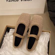 2025 Neue Vintage Quadratische Spitze Flache Einriemen Mary Jane Schuhe für Frauen, Warme Plüsch Nische Pelzige Flats