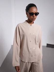 Women's Autumn Fashion Casual Versatile Commute/Business Casual/Minimalist Elegant Vintage Linen Blend Double-Breasted Shacket + Fashionable Casual Loose Wide-Leg Pants 2-Piece Set - Apricot - View 7