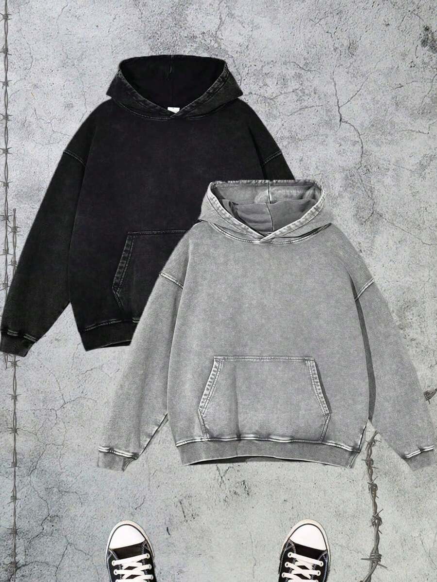 2-Piece Set  400g Heavyweight Fabric Men's Solid Color Drop Shoulder Long Sleeve Drawstring Pocket Casual Hoodie, Autumn/Winter,Back To School  Street Life  Vintage Washed Oversized Hoodie Sweatshirt (With Reinforced Neckline, Hemline And Shoulder Seams To Prevent Deformation) Discounted Basic Model Polyester Cotton - Đen + Xám - Xem 1