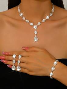 Fashionable Wedding Jewelry Set: Teardrop Rhinestone Earrings, Necklace, Bracelet - 1662796 Silver Set - View 5