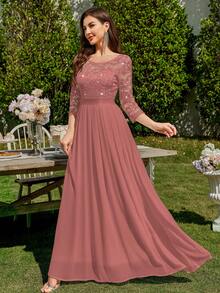 MIUSOL Women's Elegant Sequin Floral Lace Contrast Chiffon Pleated Hem Maxi Dress, Ruched High Waist A-Line Silhouette, Perfect For Formal Party, Wedding Guest, Evening , Anniversary - Bụi hồng - Xem 3