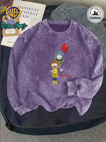 Warner Bros LILL, Winter "Rick And Morty" Pattern Round Neck Hoodie Top, Slightly Stretchy Fit, Washed And Worn Cotton Purple Long Sleeved Hoodie, Casual Daily Hoodie Top