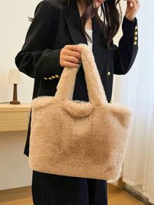 New Fluffy Handbag, Fashion Large Capacity Versatile Shoulder Tote Bag, Soft & Cute Large Capacity Shoulder Bag, Furry Bag - Khaki - View 6