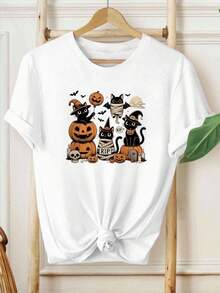 Mujer Camiseta de Mujer México Víspera de Todos los Santos  Casual Versátil  Cómodo y Elegante Camisa blanca con diseños de gatos de Halloween, calabazas, murciélagos y otros elementos festivos, perfecta para la temporada de Halloween y la diversión - Blanco - Ver 1