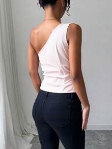 Blusa casual y elegante sin mangas, Diseño Asimétrico Rayado olsillos Falsos Decorativos para Looks Casual -- Chic, botones frontales decorativos para citas, fiestas, vacaciones, meriendas de té y cumpleaños- Tallas corren pequeñas - Beis - Ver 3