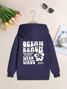 Bộ 1 áo nỉ có mũ in họa tiết dành cho bé gái tuổi teen, tay dài, chất liệu dày dặn, thích hợp cho mùa thu/đông - Mặc chiếc áo nỉ thoải mái và thời trang của chúng tôi để khám phá thế giới! - Màu xanh hải quân - Xem 3
