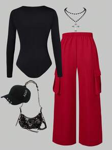 2 Stücke Mädchen Halloween Muster Langarm Strick-Jumpsuit mit Knopfleiste oben und Cargohose, Herbst