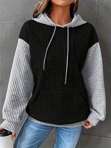 Áo sweatshirt nữ cỡ lớn màu trơn dệt jacquard dáng rộng thoải mái mùa xuân - Đen và xám - Xem 5