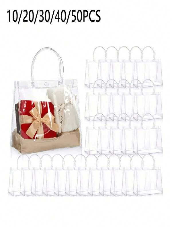 5/10/20/30/40/50pcs Set Waterproof 10pcs Transparent Pvc Button Gift Bag Shopping Bag Handbag, Perfect For Ladies' Wedding, Party And Festival Gifts Stadium Approved Clear Transparent Purse Bag For Concerts Sports Events Festivals , Transparent, Clear Waterproof Bag For Women, Perfect For Summer, Vacation & Beach,Christmas Gift Bags
