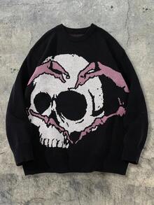 ANDREILEE 秋冬新款男士休闲宽松街头风复古美式骷髅暗黑风针织圆领毛衣 - 黑色 - 查看 3