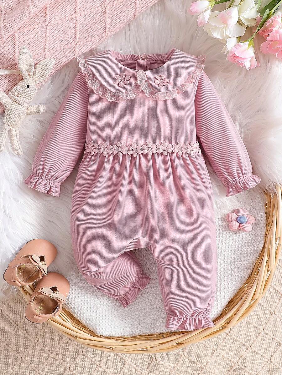 Baby Girls' Cute Floral Peter Pan Collar Long Sleeve Floral Design Jumpsuit, Suitable For Everyday Outings In Spring And Autumn