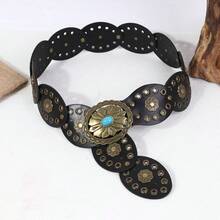 1pc Women's Western Cowgirl Style Boho Chic Country Belt, Women's Bronze Oval Turquoise Decor Buckle, Bronze Floral Accent Patchwork Belt, Suitable For Dresses, Skirts, Jeans, Work And Vacation Outfits - Coffee Brown - View 10