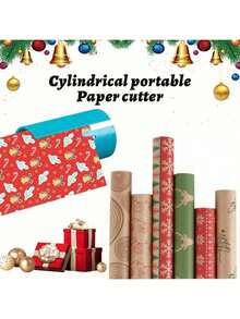 1 pieza/2 piezas Cortador de papel cilíndrico portátil, tijeras para envolver regalos, cortador de papel navideño, Halloween, Navidad - Multicolor - Ver 3