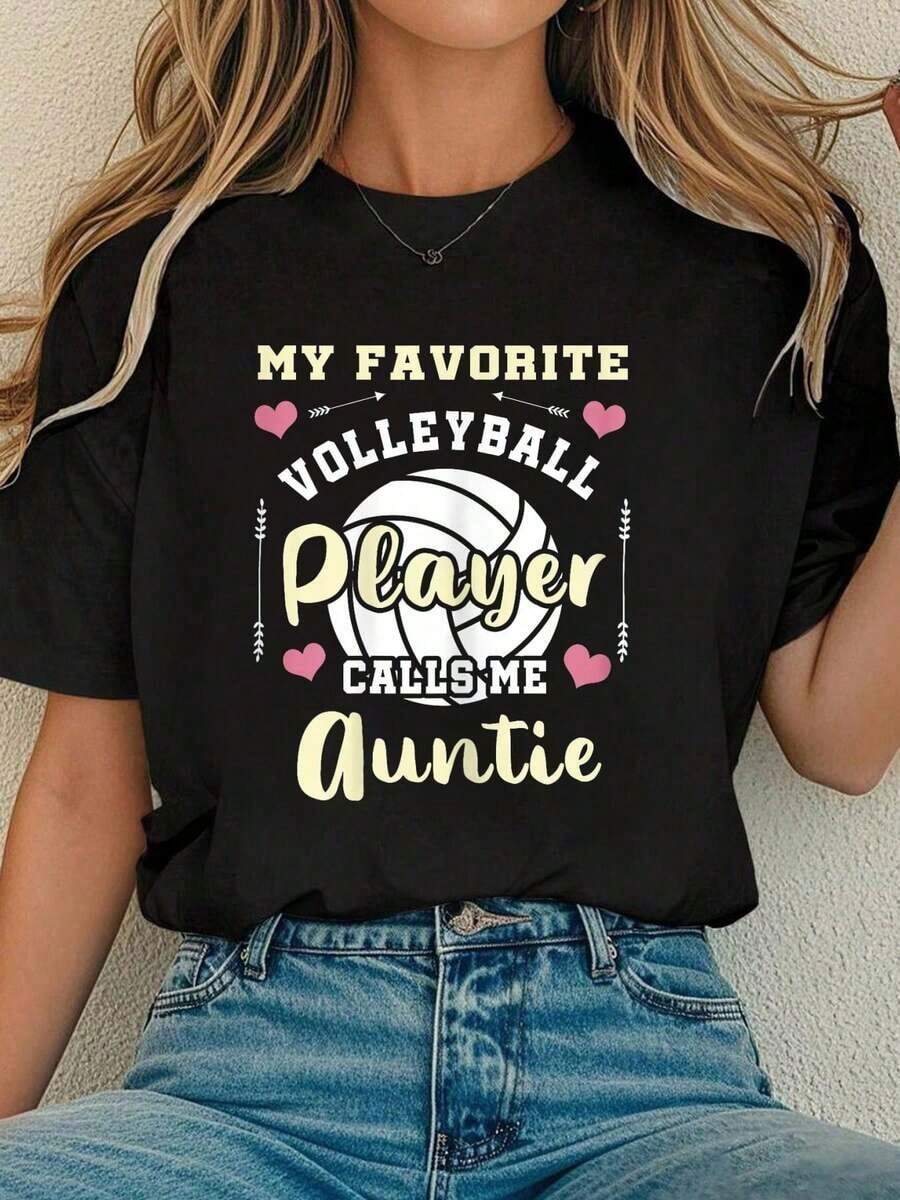 Camiseta de algodón para mujeres Mi jugador de voleibol favorito me llama tía Camiseta cómoda para mujeres - Negro - Ver 1