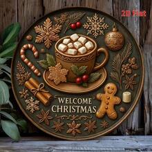 2D Flat, 1pc Vintage Christmas Hot Chocolate Wall Art - Round Iron Sign With Festive Decorations, "Welcome Christmas" Text, Perfect For Home, Kitchen, Garden, Or Office Decor, Holiday Decoration, Christmas Decorations For Home Home Decor Room Decor