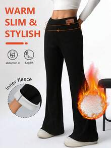 Women's High Waist Flare Pants, Thermal Lined Wool Warm Trousers For Autumn/Winter, Solid Color Elastic Waist Slim Fit Leggings, Suitable For Cold Weather And Outdoor Activities