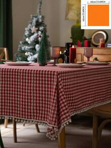 1pc European & American Style Christmas Red Plaid Floral & Pom Pom Print Elegant Rectangular Tablecloth, Suitable For Daily, Holidays, Family Gatherings, Birthday Parties, Dinner Parties, Dining Table Decor, Photography Background - Red - View 15