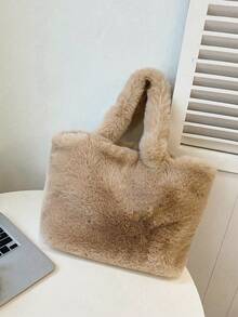 New Fluffy Handbag, Fashion Large Capacity Versatile Shoulder Tote Bag, Soft & Cute Large Capacity Shoulder Bag, Furry Bag - Khaki - View 3