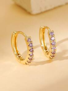 2pcs European & American Style Copper Alloy Inlaid Colorful Round Hoop Earrings, Available In Purple, Red, Orange, Navy, Pink, Green, Multicolor, Light Blue, White, Suitable For Women, Couples, Daily Wear, Decoration, Gift - Round - View 14