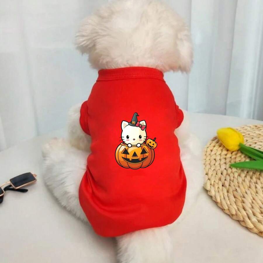 Sanrio 1 Peça Camiseta de Manga Curta com Estampa de Hello Kitty e Monstro Abóbora para Animais de Estimação, Camiseta de Manga Curta Casual e Respirável para Gatos e Cachorros