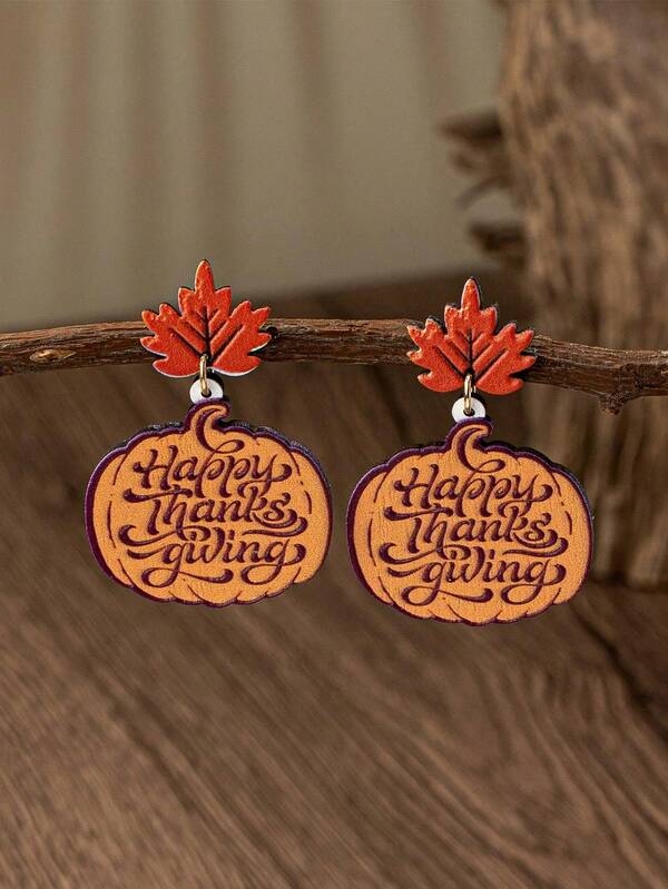 1 Pair Wooden Thanksgiving Pumpkin Earring - Autumn Harvest Season Fall Leaf Earrings - Holiday Festive Jewelry Gift For Women & Girls