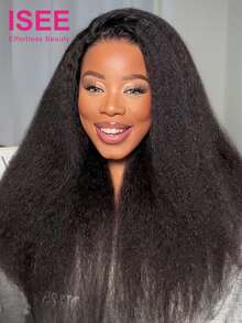 ISEE Invisi Draw-Strings Kinky Straight 360 Glueless Wig Pre-Cut Lace InvisiFit Strap Wear Go Wig Human Hair Pre Plucked Pre Bleached 180% Density 360 Full Lace Front Wigs 14-28 Inch