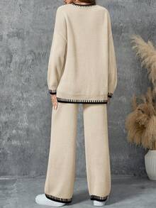 Women's 2Pcs Color Block Sweater Set Long Sleeve Crew Neck Sweater Top And Long Pants, Women Casual 2 Pieces Autumn Winter Outfits Loungwear Set