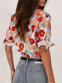 Women's Elegant Floral Shirt For All Seasons, Lapel Design, Button Details, Multifunctional Top For Adults, Fashionable Long Sleeve Shirt New Hot Selling Floral Top Showy - 紅色 - 查看 2