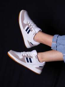 Women's Sneakers, Flat Sole, Gym, Navy Leather, Comfortable Fashion, Boutique, Premium Stripe, Original - 藍白色 - 查看 9