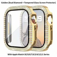 1pc Fashionable Attractive Sparkling Crystal Rhinestone Decorated 2-In-1 Anti-Fall Ultra-Thin Tempered Glass Protection Case Compatible With Apple Watch 38/40/41/42/44/45/46mm, Compatible With Apple Watch SE/10/9/8/7/6/5/4/3/2/1 Series, Smartwatch Case Accessory, For Women And Men