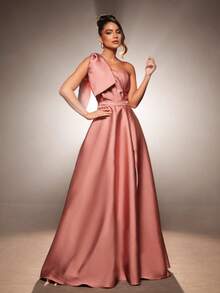 Luxurious Bow Detail Dress For Bridesmaid/Prom Wedding Evening - Màu hồng gỉ - Xem 2