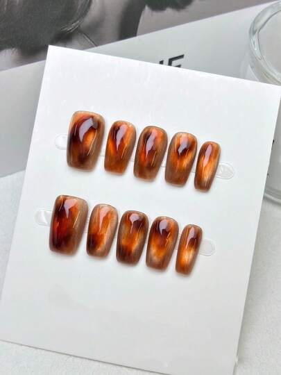 10-Piece Set Of Pure Handmade Press-On Short Wearable Nails With Retro Gradient Amber Beeswax Color, Gentle And Versatile Square Nail Art Suitable For Women To Wear Daily Or On Vacation, Detachable And Reusable