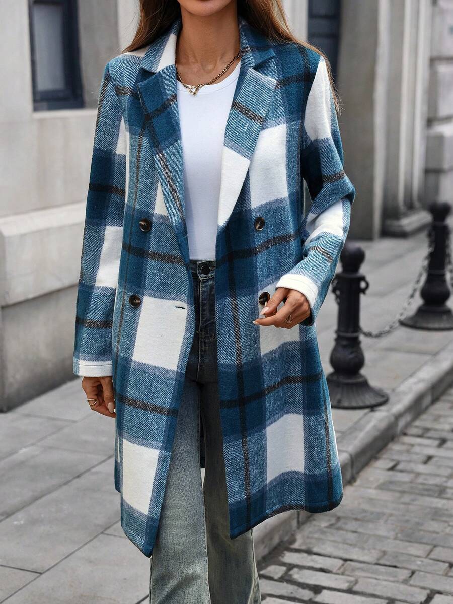 女士秋冬长袖双排扣休闲格子大衣，秋冬 - 藍色 - 查看 1