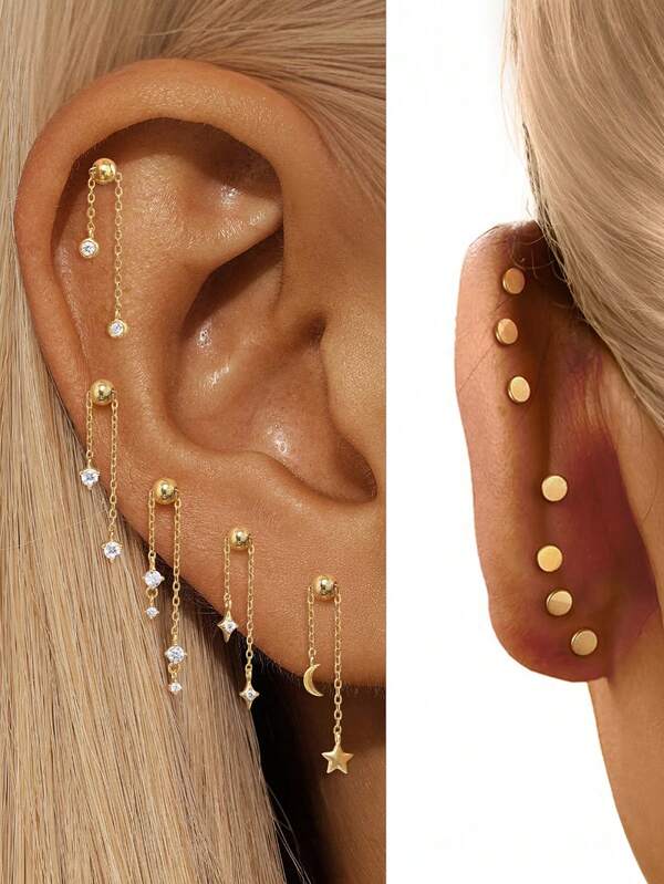EleRunis 1 Stück 925 Sterling Silber verstellbarer Stern Mond Krappenfassung Bezel Fassung flacher Rücken Knorpel Helix Piercing Feiner Schmuck für den täglichen Gebrauch Hochzeit Party Verlobung Jahrestag Valentinstag