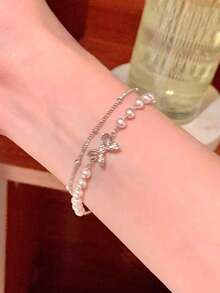 1pc Luxury Double Layer Bowknot & Pearl Stacked Bracelet