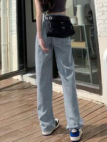 新款女式宽松阔腿直筒牛仔裤，修身百搭 - 淺藍色 - 查看 4
