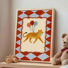 1pc Framed Canvas Wall Art, Tiger Theme For Kids Room, Circus Theme Nursery Decor, Balloon Animal Poster, Printable Children's Room Decor, Cartoon Animal Wall Art - Multicolor - View 4