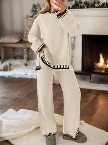 Women's 2Pcs Color Block Sweater Set Long Sleeve Crew Neck Sweater Top And Long Pants, Women Casual 2 Pieces Autumn Winter Outfits Loungwear Set