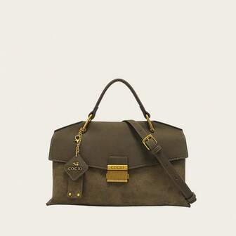 [Olive Green Flap Handbag With Metal Comb Buckle + Dual Texture Leather] | Tote Bag With Top Handle And Detachable Shoulder Strap | 30cm Commuter Capacity | Vintage Luxe Bag With Pebbled Leather And Suede Patchwork, Suitable For Coats And Blazers | Versatile For Dates, Work, And Casual Occasions