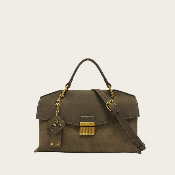 [Olive Green Flap Handbag With Metal Comb Buckle + Dual Texture Leather] | Tote Bag With Top Handle And Detachable Shoulder Strap | 30cm Commuter Capacity | Vintage Luxe Bag With Pebbled Leather And Suede Patchwork, Suitable For Coats And Blazers | Versatile For Dates, Work, And Casual Occasions