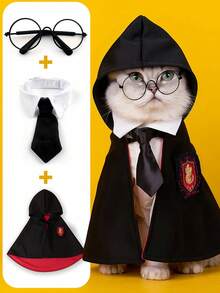 Halloween Pet Cloak Costume Set (With Shirt Collar + Tie + Glasses), Cat Dog Cosplay Cute Magic School Style, Realistic IP Restoration, 3D Cut Won't Hurt Pets, Suitable For Cats And Small Dogs, Essential For Pet Owners To Take Cute Cosplay Photos, Includes Cat Cosplay Outfit, Pet Magic Robe, Dog Cloak - Multicolor - View 2