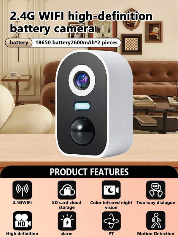 Low-Power Battery Security Camera Works With ICam365 App 2*18650 5200mAh Live View And Playback Two-Way Talk Night Vision Wire-Free Fixed View