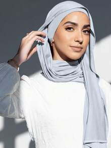 2pcs Set Jersey Matching Hijab & Undercap Set, Solid Color, Soft, Breathable Modal Fabric - 1 Tubular Small Hijab Cap + 1 Lightweight Modal Scarf/Neck Cover, Suitable For Women Abaya For Dress - Light Blue - View 6