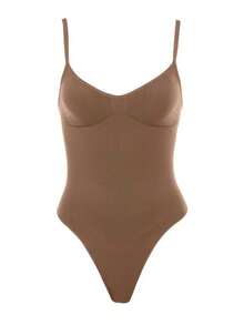 2Pcs High Waist Tummy Control Thong Bodysuit Figure - 咖啡棕 - 查看 4