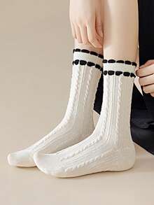 1/5 Pairs Women's Marl Color Cable Knit Double Layer Ruffle Hem Retro Style Mid-Calf Socks