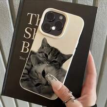1pc White Matte Textured Cute Cat Design Phone Case, Compatible With IPhone 16 Pro Max, 15, 14 Plus, 13, 12, 11 And Series - Multicolor - View 3